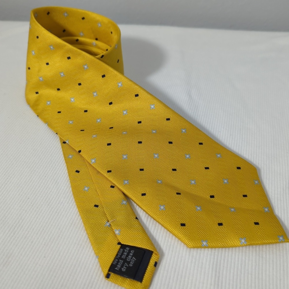 Bijoux Terner 100% Silk Tie Yellow With Navy Squares And Blue Dot Flowers 63"